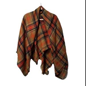 Plaid Blanket Scarf in Tan, Orange, and Navy | Oversized Square Shawl Wrap